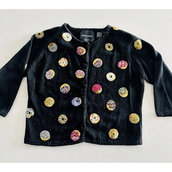 Michael Simon Cardigan Medium Embroidered Beaded Donuts Artsy Statement Funky - Picture 1 of 14